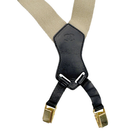 CHANEL VINTAGE SUSPENDER LOGO BEIGE BLACK CANVAS LEATHER 90270873 - PURPOSE
