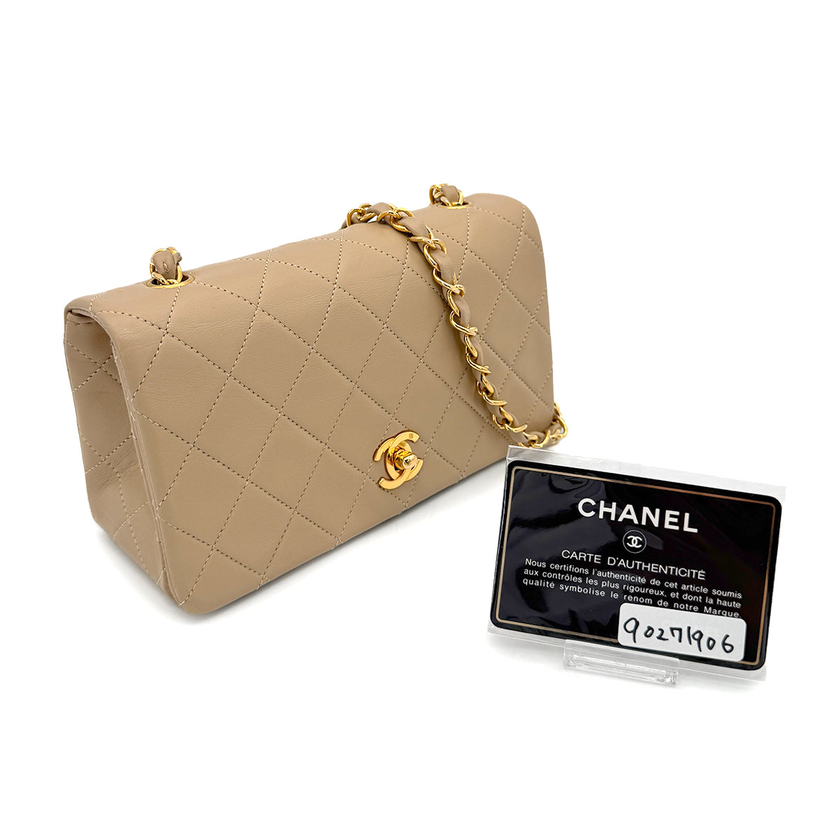 CHANEL VINTAGE FULL FLAP CHAIN SHOULDER BAG BEIGE LAMB SKIN 90271906