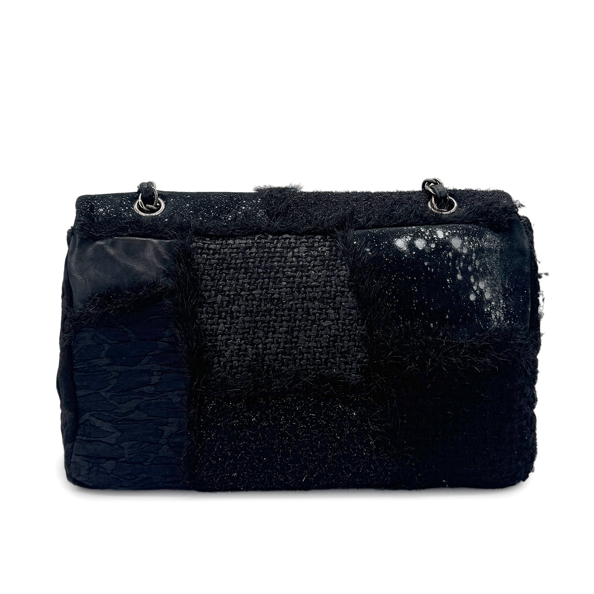 CHANEL CHAIN SHOULDER BAG PATCHWORK BLACK TWEED LEATHER 90271966