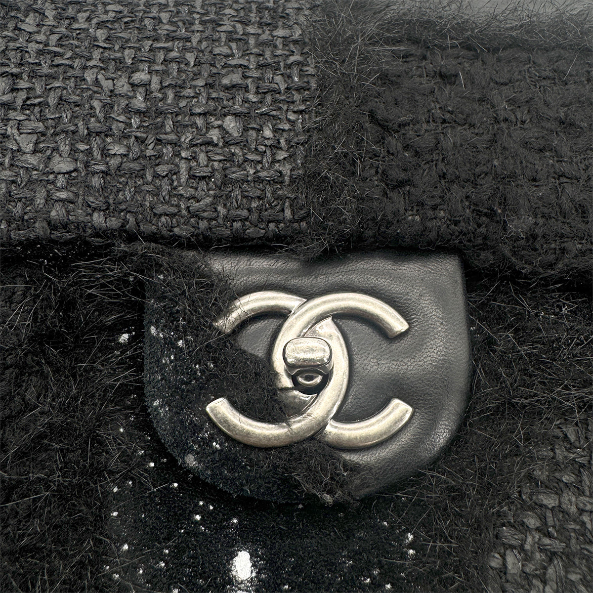 CHANEL CHAIN SHOULDER BAG PATCHWORK BLACK TWEED LEATHER 90271966