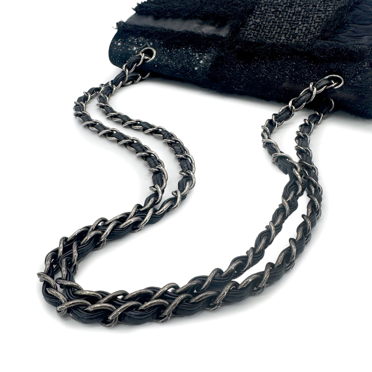 CHANEL CHAIN SHOULDER BAG PATCHWORK BLACK TWEED LEATHER 90271966