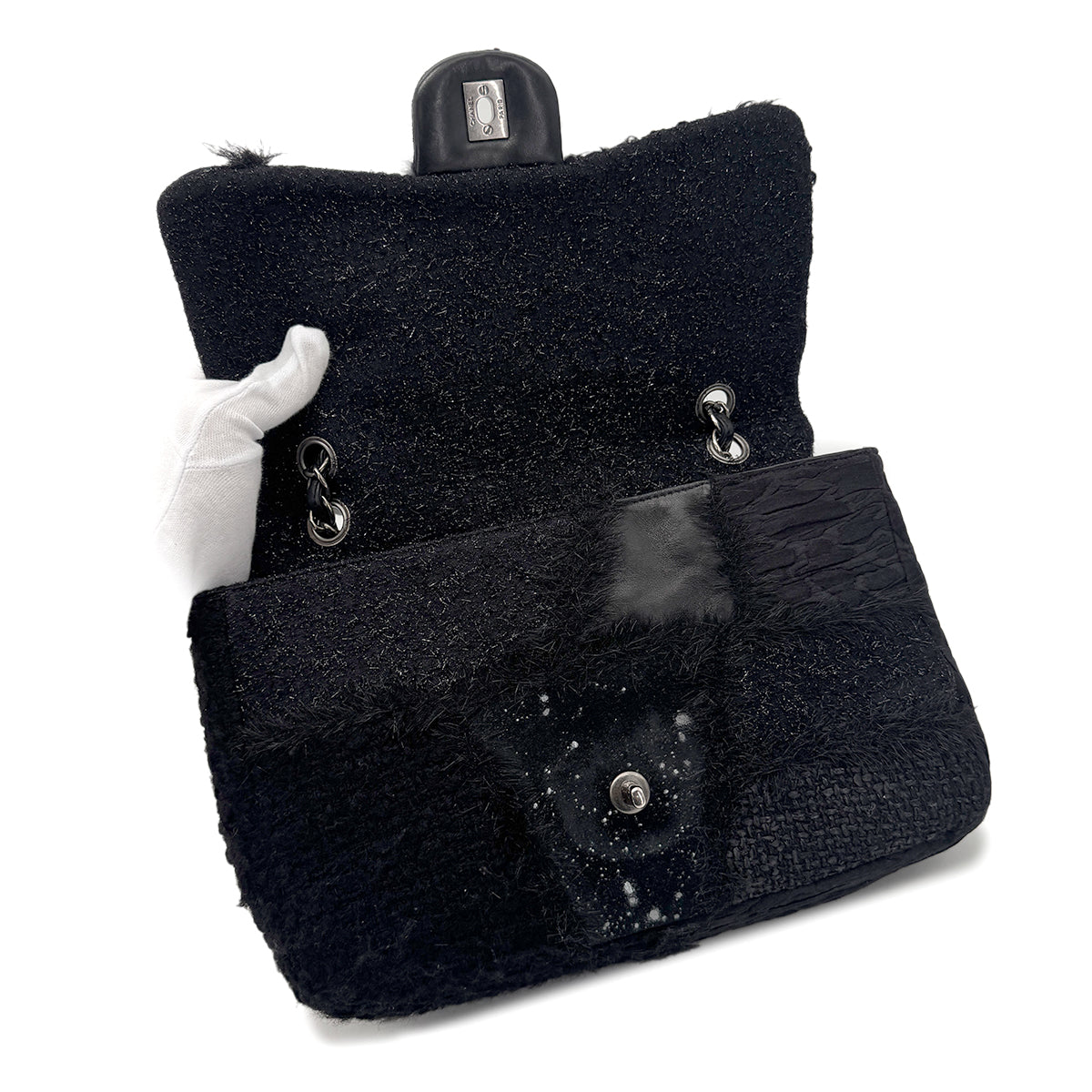 CHANEL CHAIN SHOULDER BAG PATCHWORK BLACK TWEED LEATHER 90271966