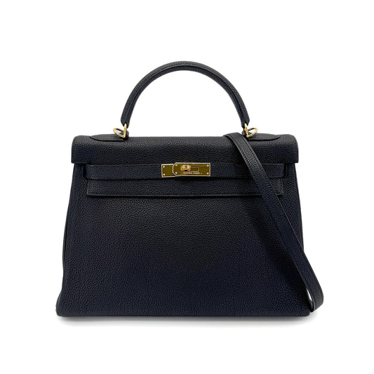 HERMES KELLY 32 RETOURNE BLACK TOGO HAND SHOULDER BAG □F GHW 90272497