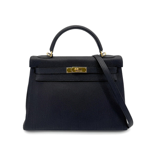 HERMES KELLY 32 RETOURNE BLACK TOGO HAND SHOULDER BAG □F GHW 90272497 - PURPOSE