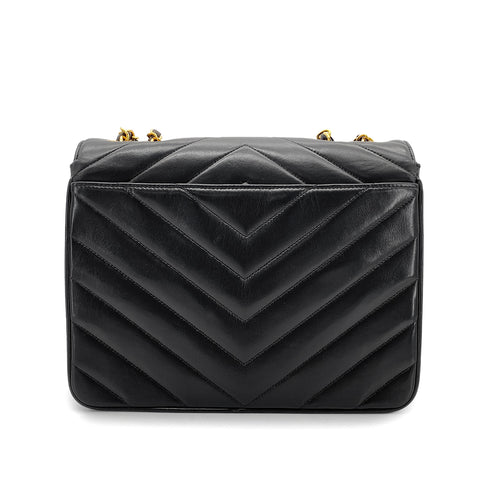 CHANEL VINTAGE CHEVRON CHAIN SHOULDER BAG BLACK LAMB SKIN 90272504 - PURPOSE