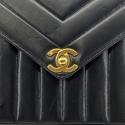CHANEL VINTAGE CHEVRON CHAIN SHOULDER BAG BLACK LAMB SKIN 90272504 - PURPOSE