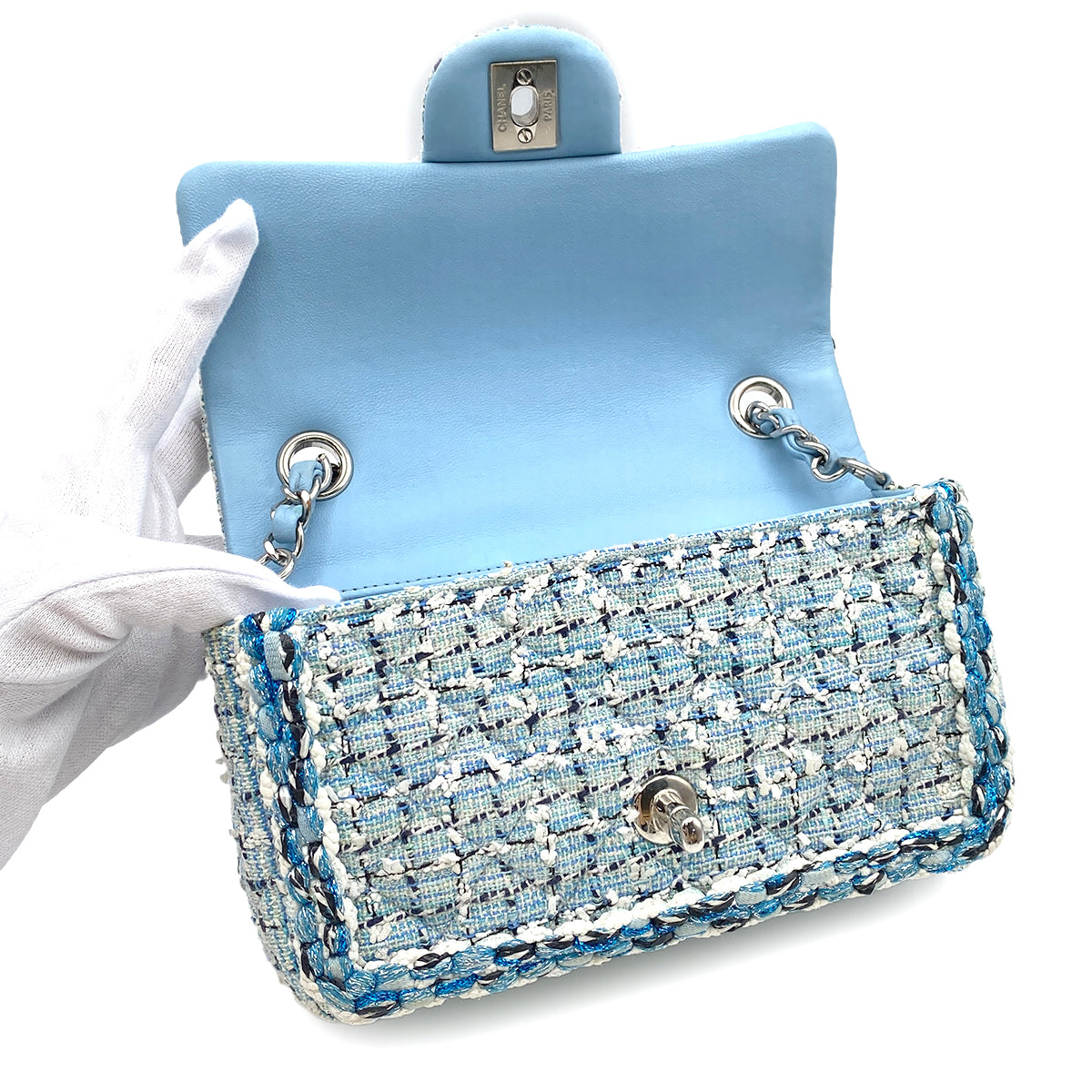 CHANEL MINI MATELASSE CHAIN SHOULDER BAG BLUE TWEED 90272807