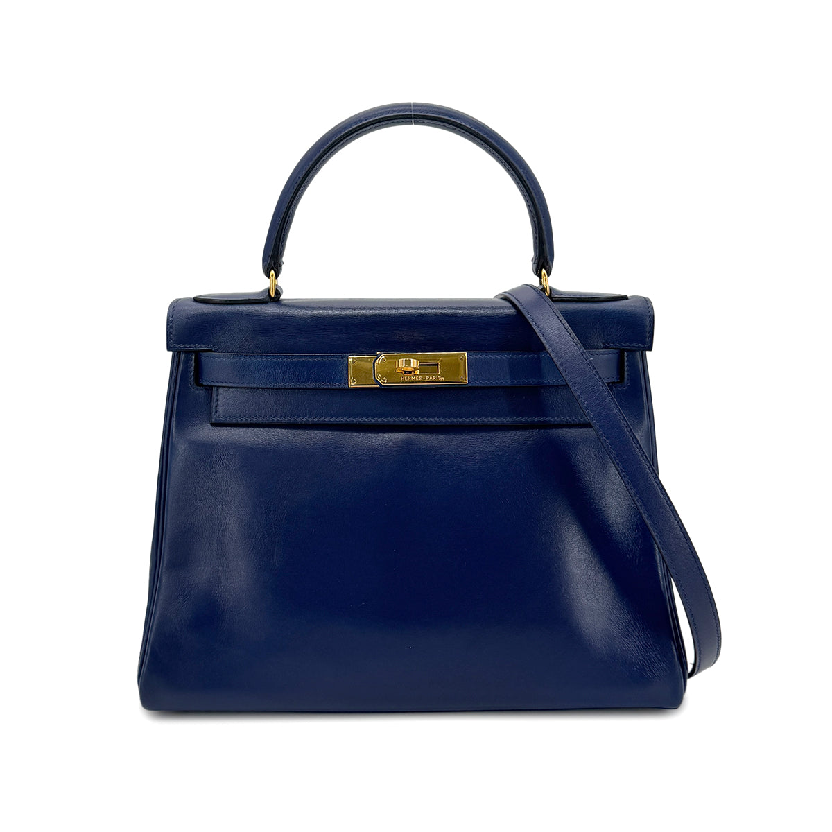 HERMES KELLY 28 RETOURNE BLUE BOX CALF HAND SHOULDER BAG 〇U GHW 90272852
