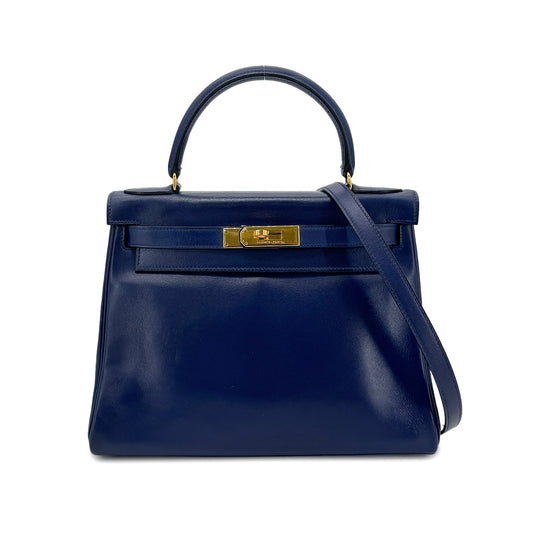 HERMES KELLY 28 RETOURNE BLUE BOX CALF HAND SHOULDER BAG 〇U GHW 90272852