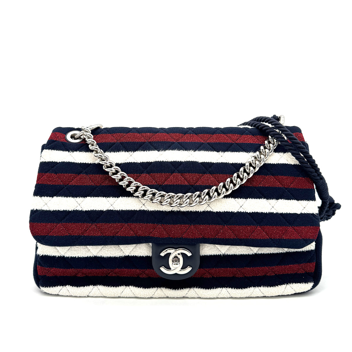 CHANEL CHAIN SHOULDER BAG WHITE NAVY RED CANVAS 90272874