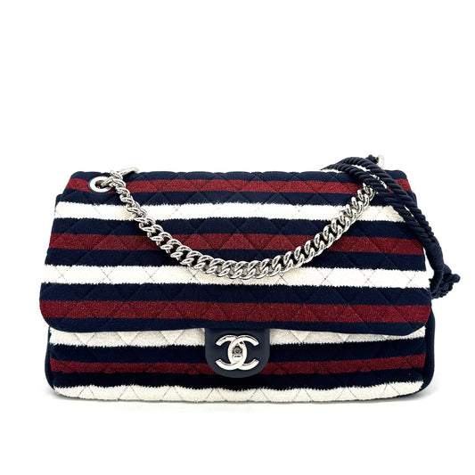 CHANEL CHAIN SHOULDER BAG WHITE NAVY RED CANVAS 90272874