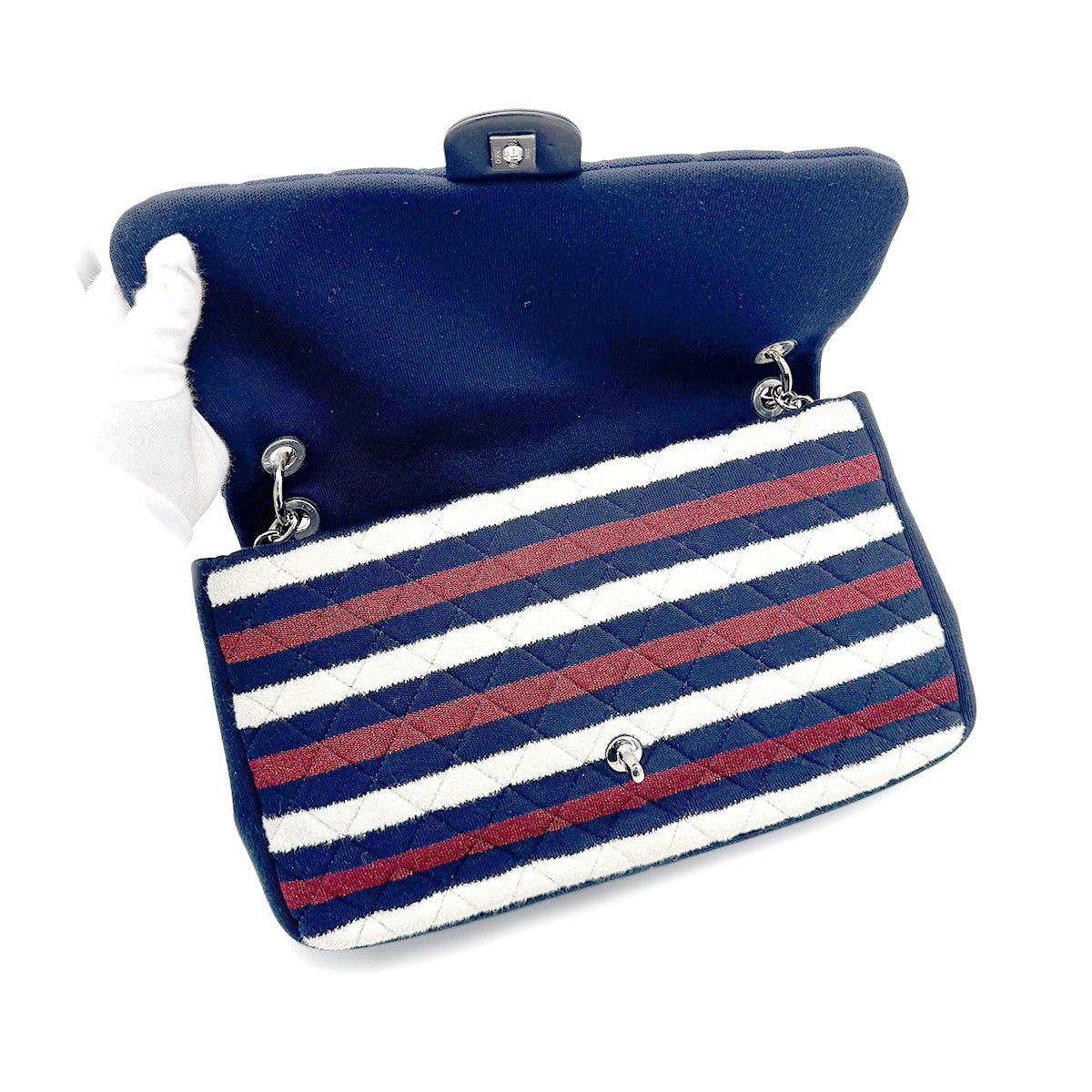 CHANEL CHAIN SHOULDER BAG WHITE NAVY RED CANVAS 90272874
