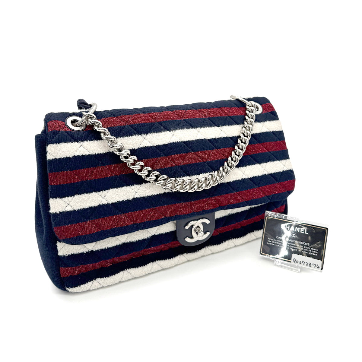 CHANEL CHAIN SHOULDER BAG WHITE NAVY RED CANVAS 90272874