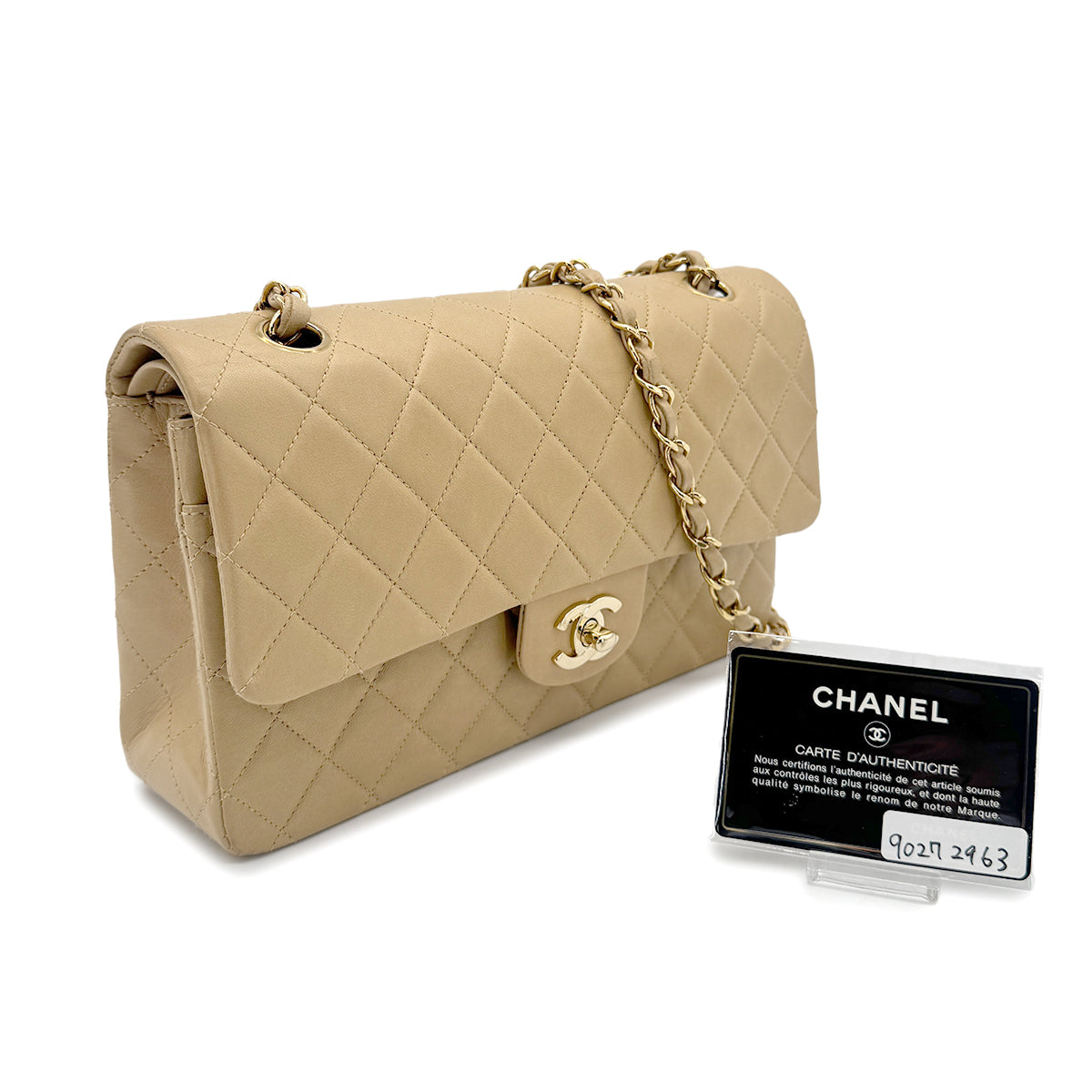 CHANEL VINTAGE CLASSIC FLAP MEDIUM CHAIN SHOULDER BAG BEIGE LAMB SKIN 90272963