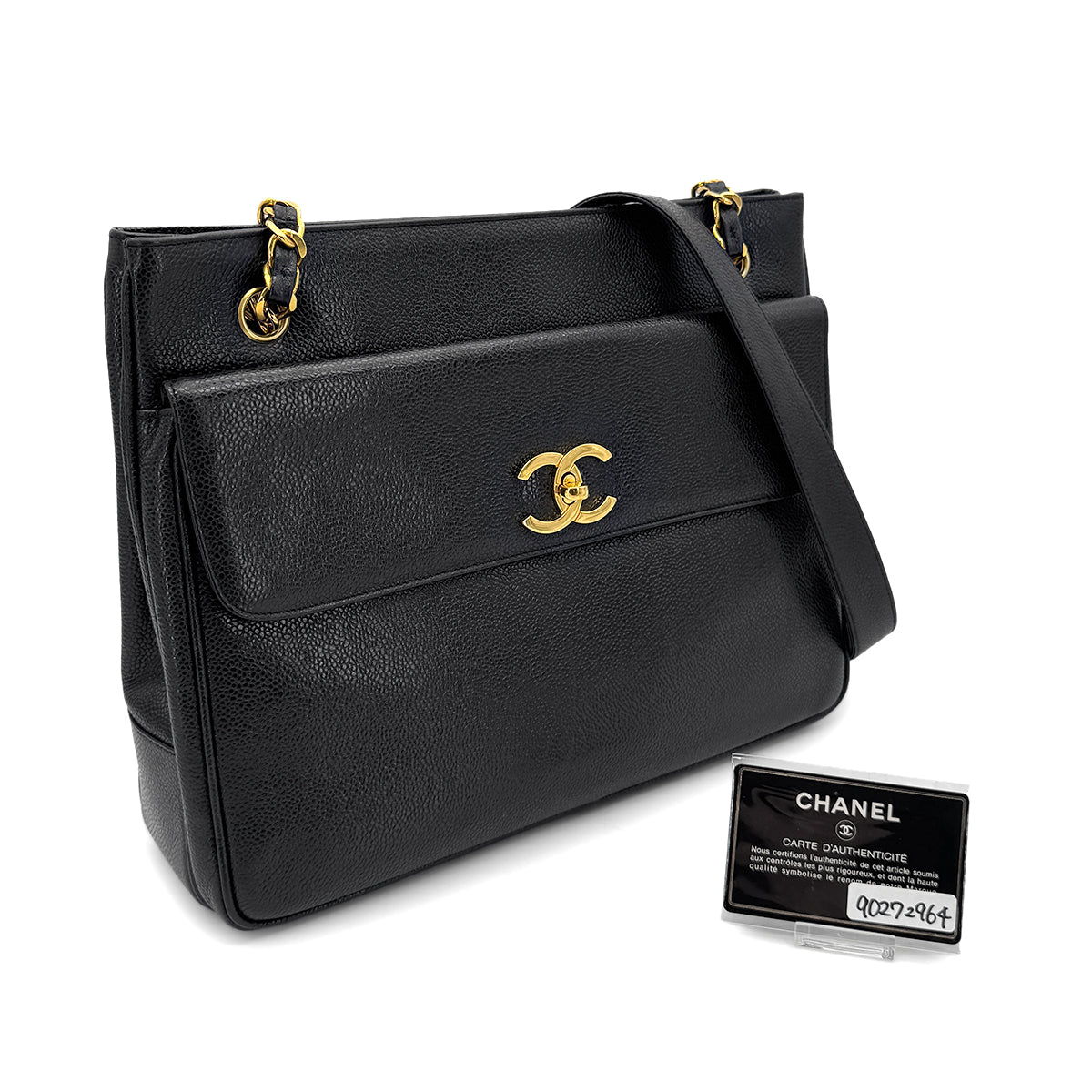 CHANEL VINTAGE CHAIN TOTE BAG BLACK CAVIAR SKIN 90272964