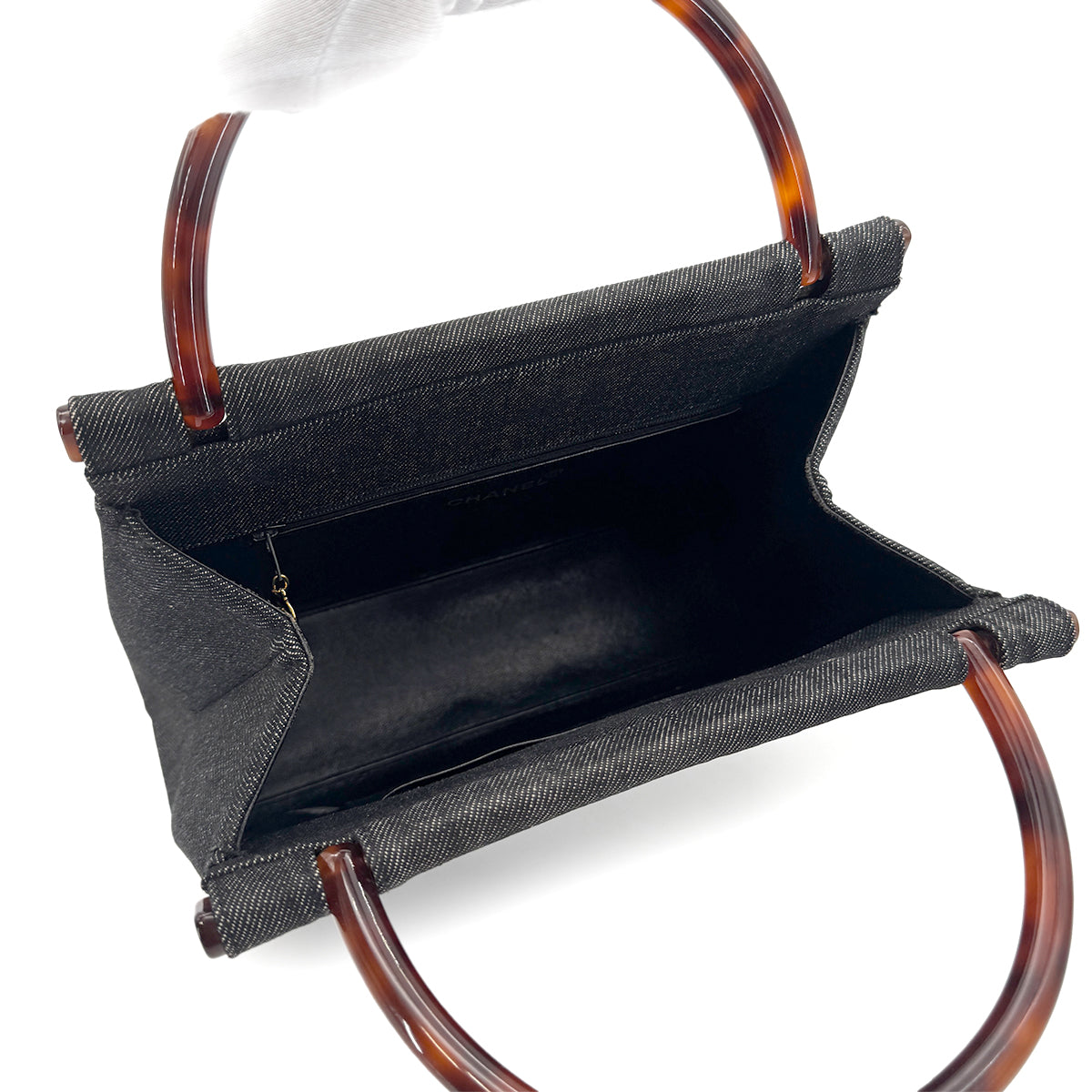 CHANEL VINTAGE TORTOISESHELL HANDLE HAND BAG NAVY DENIM 90272990