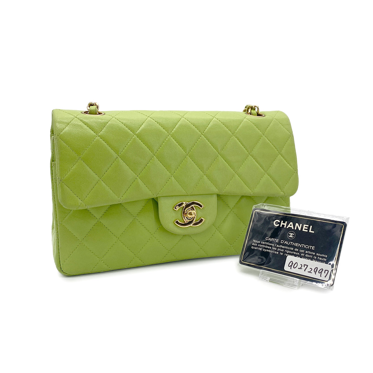 CHANEL VINTAGE CLASSIC FLAP SMALL CHAIN SHOULDER BAG GREEN LAMB SKIN 90272997