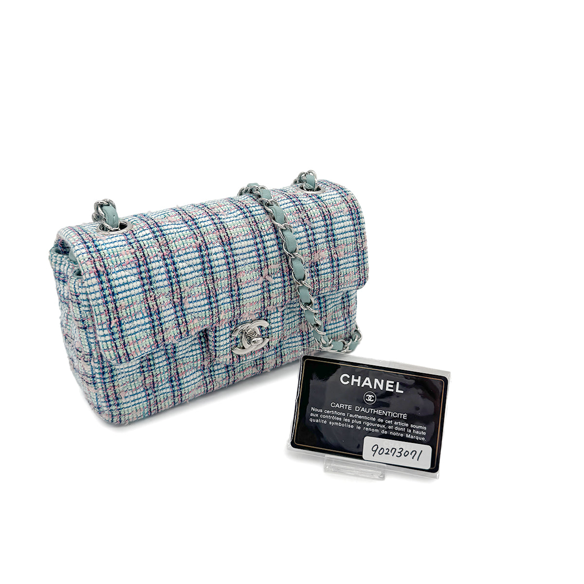 CHANEL MINI MATELASSE CHAIN SHOULDER BAG BLUE TWEED 90273071