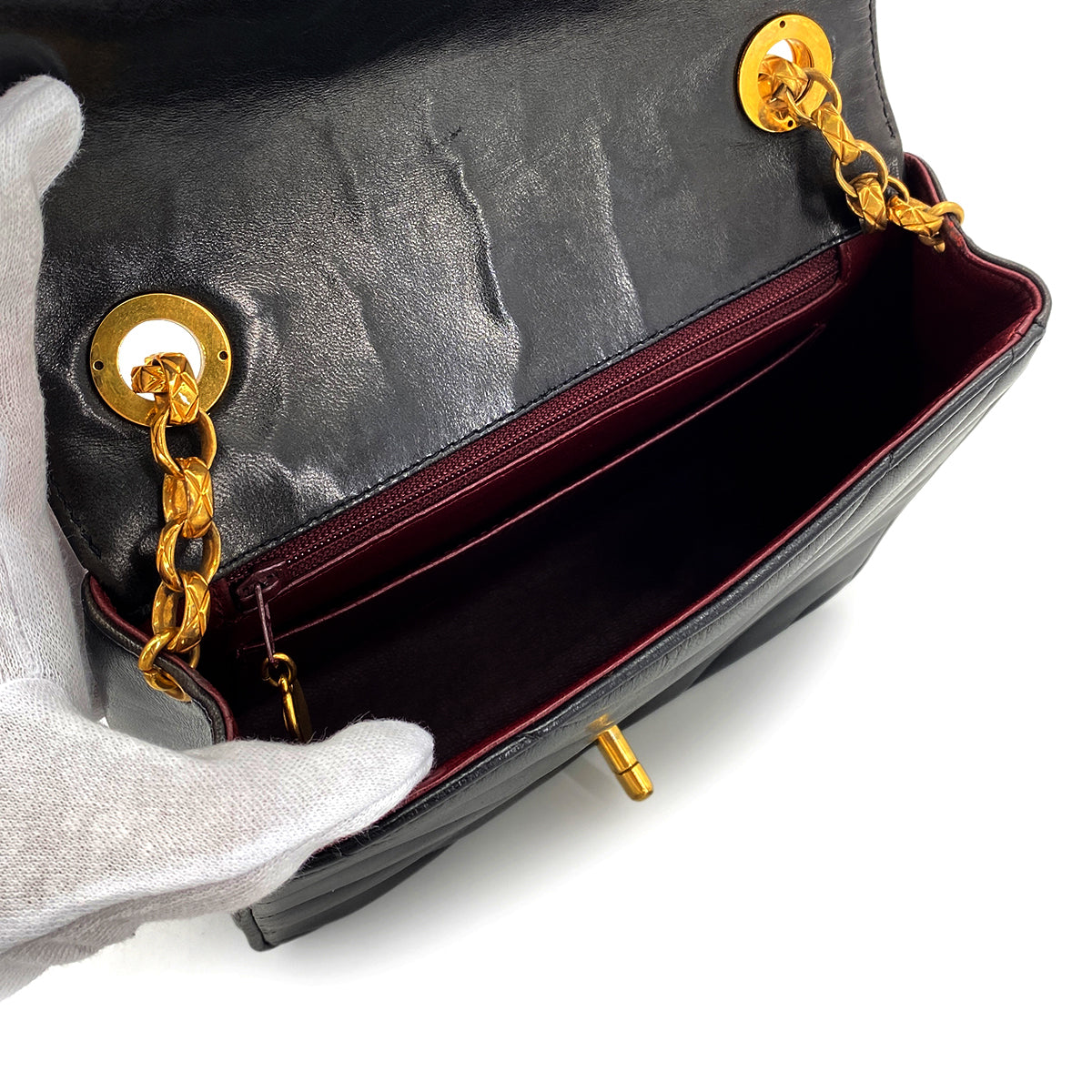 CHANEL VINTAGE CHEVRON BIJOU CHAIN SHOULDER BAG BLACK LAMB SKIN 90273084