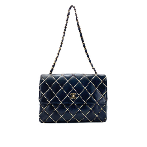 CHANEL VINTAGE WILD STITCH CHAIN SHOULDER BAG BLACK LEATHER 90273376 - PURPOSE