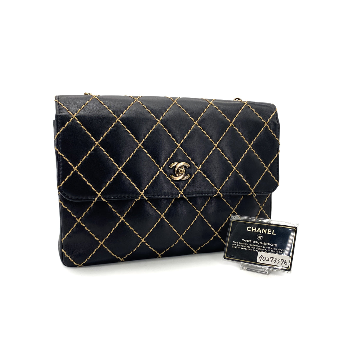 CHANEL VINTAGE WILD STITCH CHAIN SHOULDER BAG BLACK LEATHER 90273376