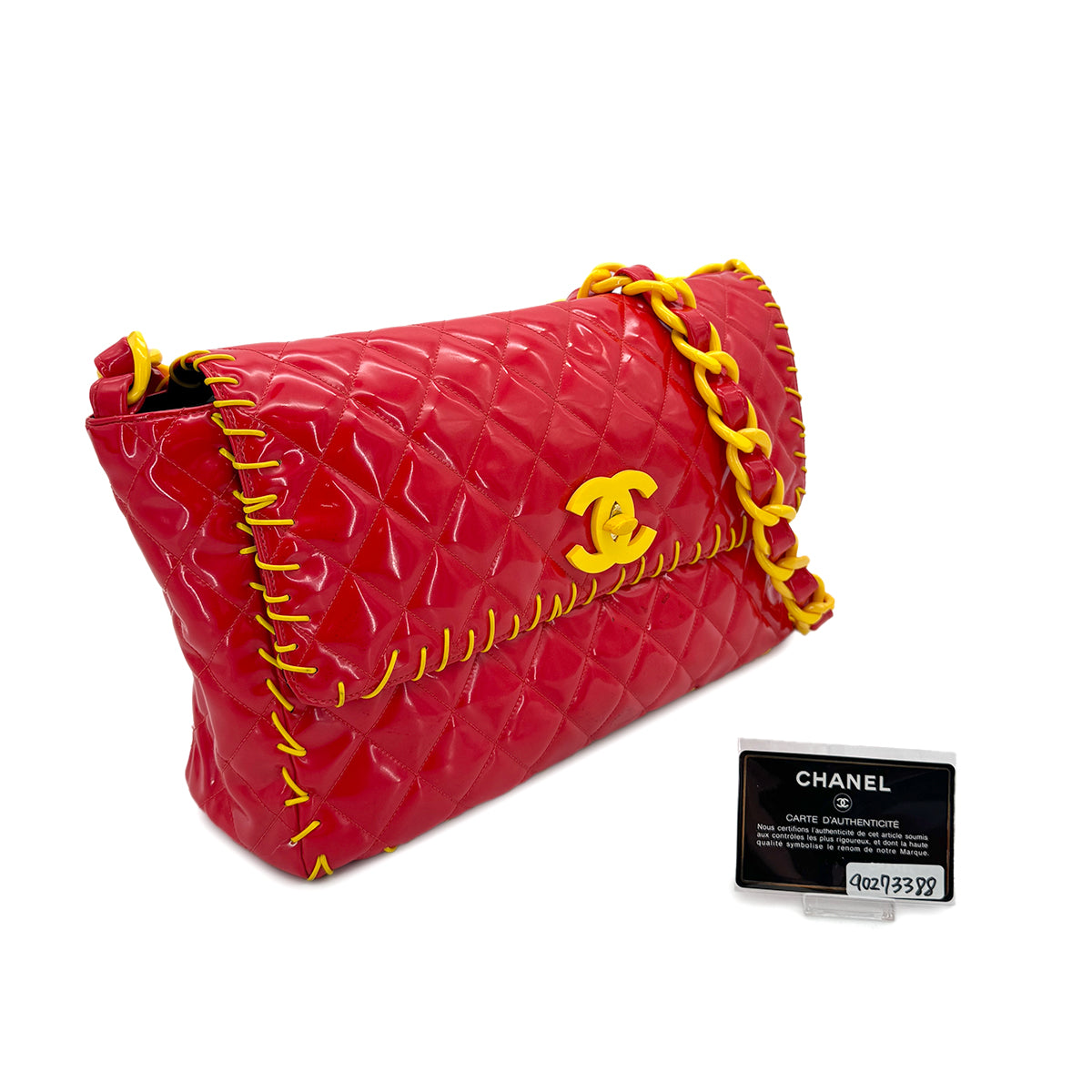 CHANEL VINTAGE MATELASSE PLASTIC CHAIN SHOULDER BAG RED YELLOW ENAMEL 90273388