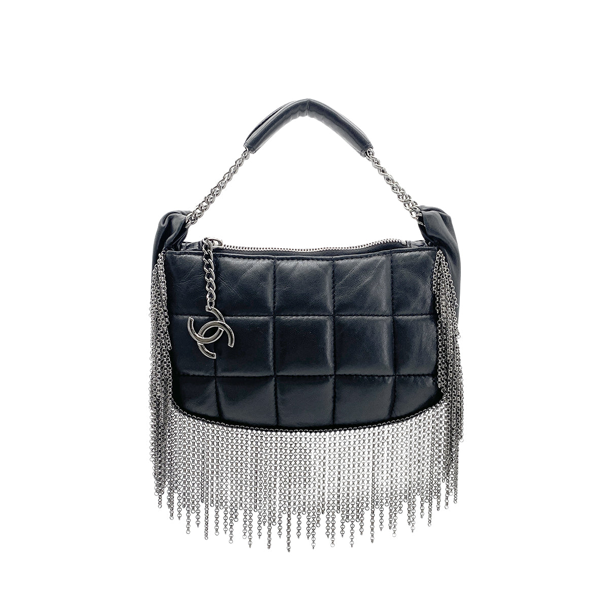 CHANEL CHOCOLATE BAR METALLIC FRINGE HAND BAG BLACK LAMB SKIN 90273400