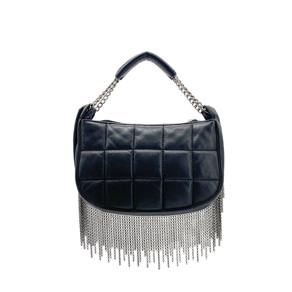 CHANEL CHOCOLATE BAR METALLIC FRINGE HAND BAG BLACK LAMB SKIN 90273400