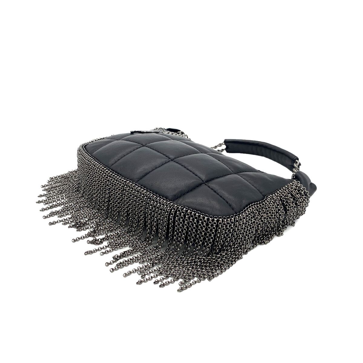 CHANEL CHOCOLATE BAR METALLIC FRINGE HAND BAG BLACK LAMB SKIN 90273400