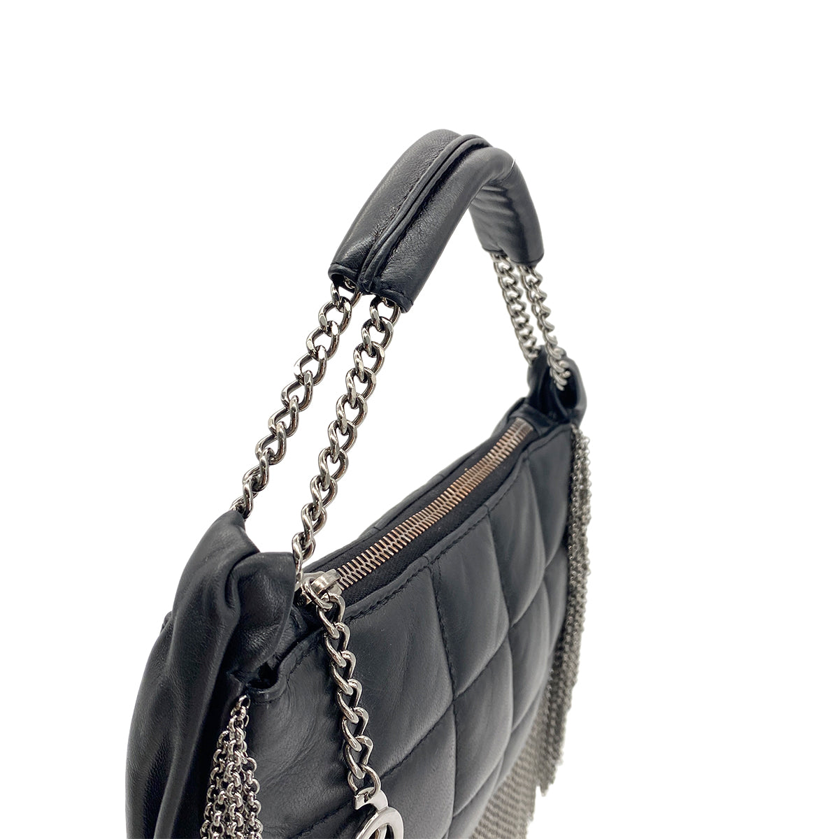 CHANEL CHOCOLATE BAR METALLIC FRINGE HAND BAG BLACK LAMB SKIN 90273400