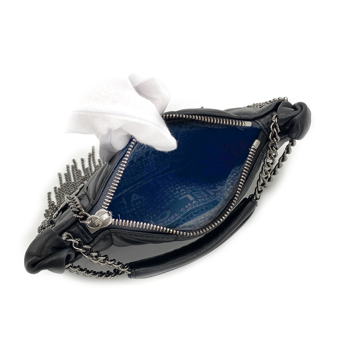CHANEL CHOCOLATE BAR METALLIC FRINGE HAND BAG BLACK LAMB SKIN 90273400