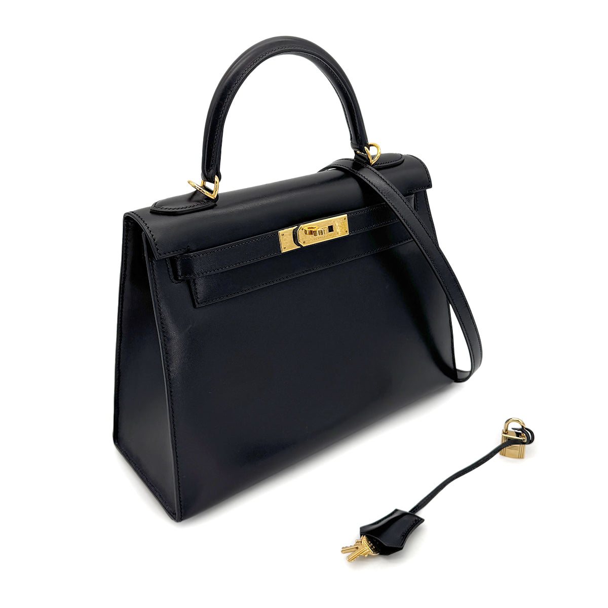 HERMES KELLY 28 SELLIER BLACK BOXCALF HAND SHOULDER BAG □D GHW 90273890