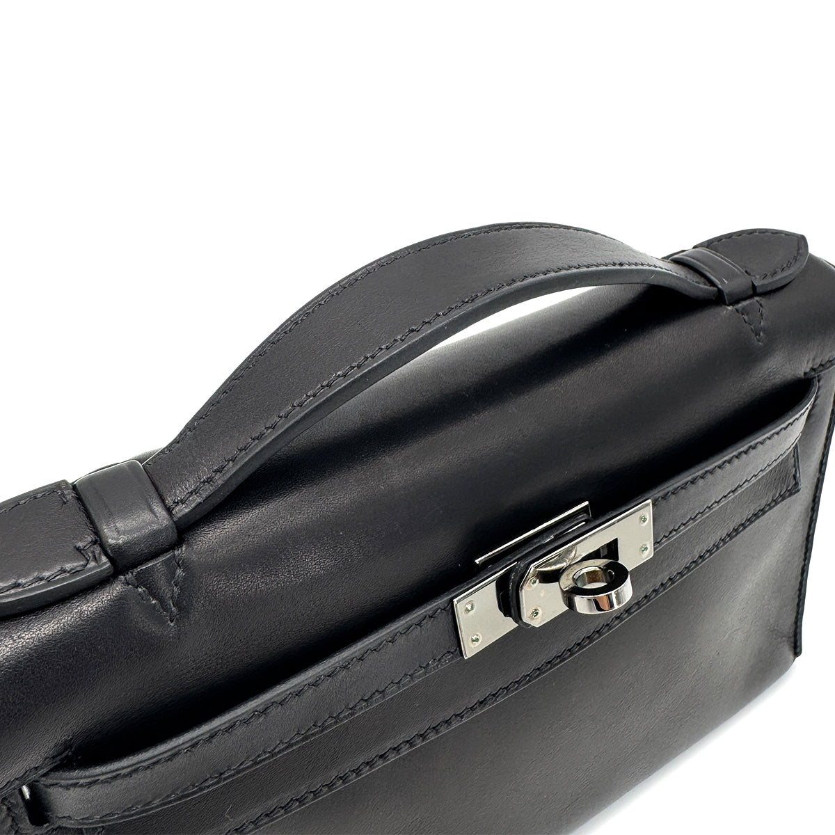 HERMES KELLY POCHETTE SELLIER BLACK EVERCALF HAND BAG □I SHW 90273895