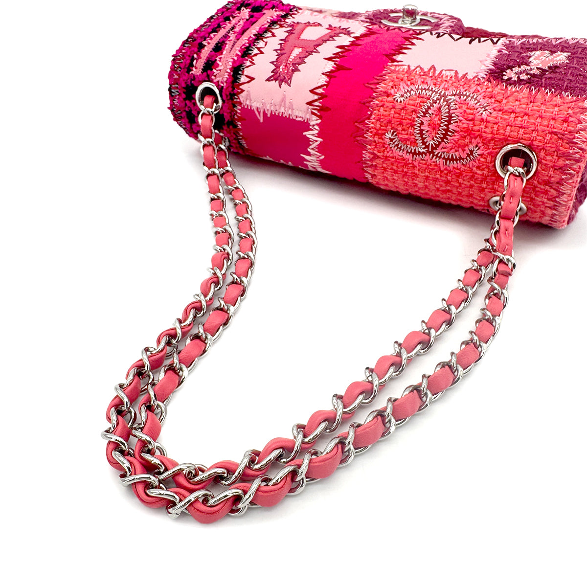 CHANEL CHAIN SHOULDER BAG PATCHWORK PINK CANVAS LEATHER 90273901