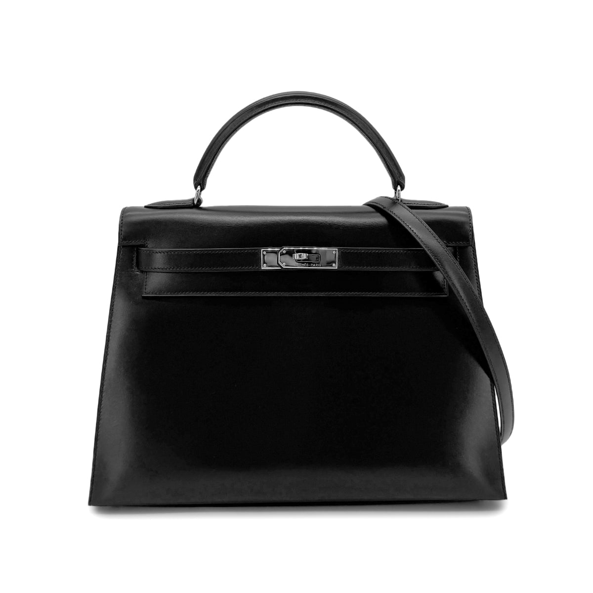 HERMES KELLY 32 SELLIER BLACK BOX CALF HAND SHOULDER BAG □C SHW 90274041