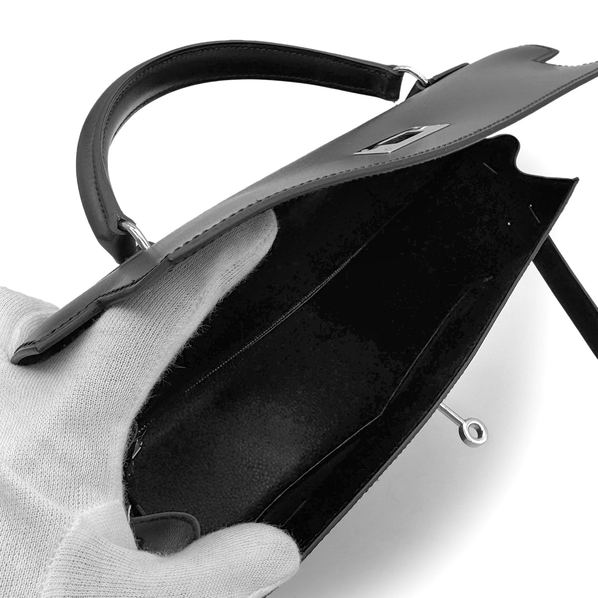 HERMES KELLY 32 SELLIER BLACK BOX CALF HAND SHOULDER BAG □C SHW 90274041