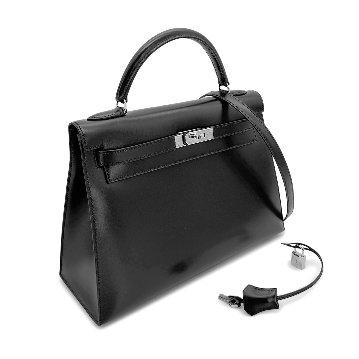 HERMES KELLY 32 SELLIER BLACK BOX CALF HAND SHOULDER BAG □C SHW 90274041