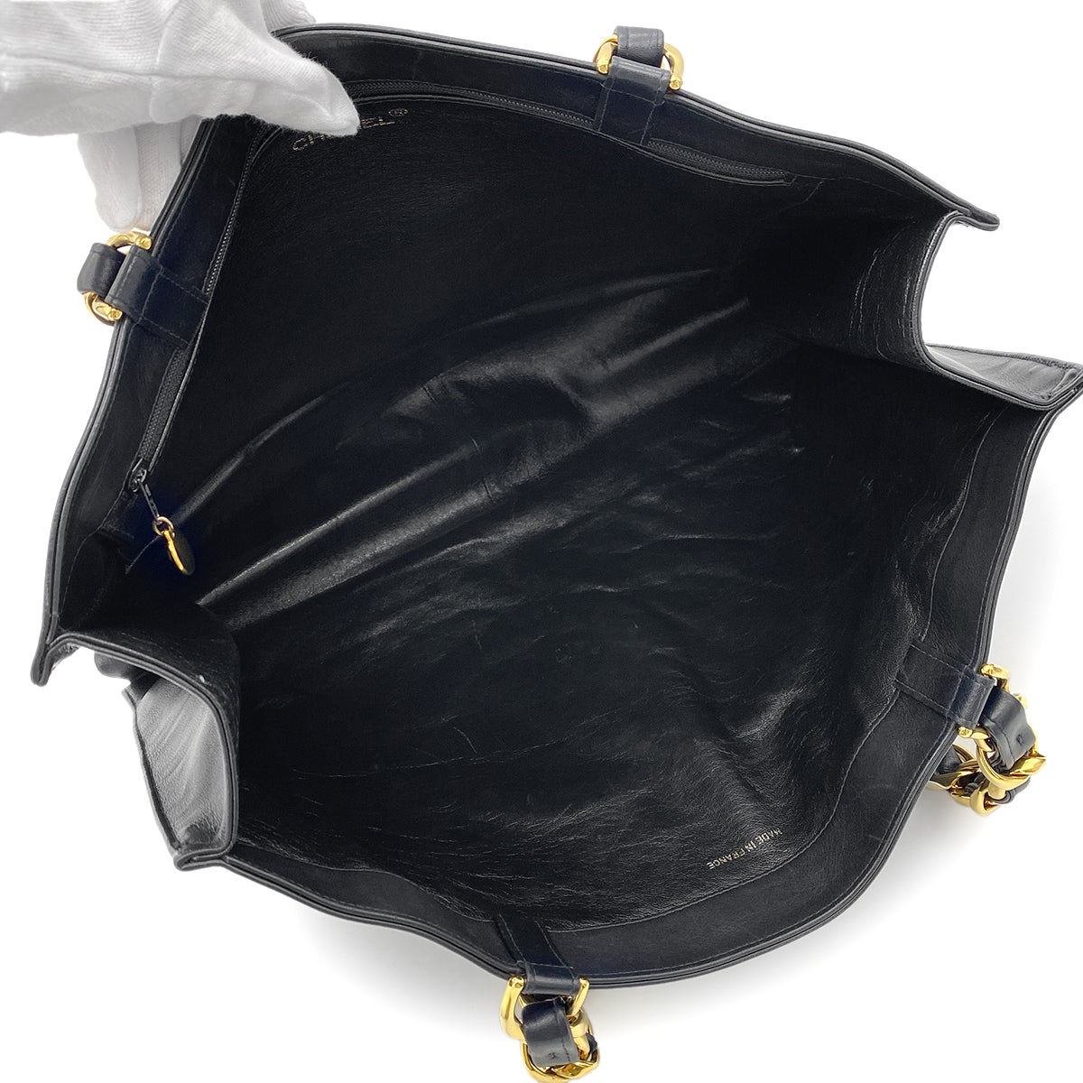 CHANEL VINTAGE BIG COCO CHAIN TOTE BAG BLACK LAMB SKIN 90274043