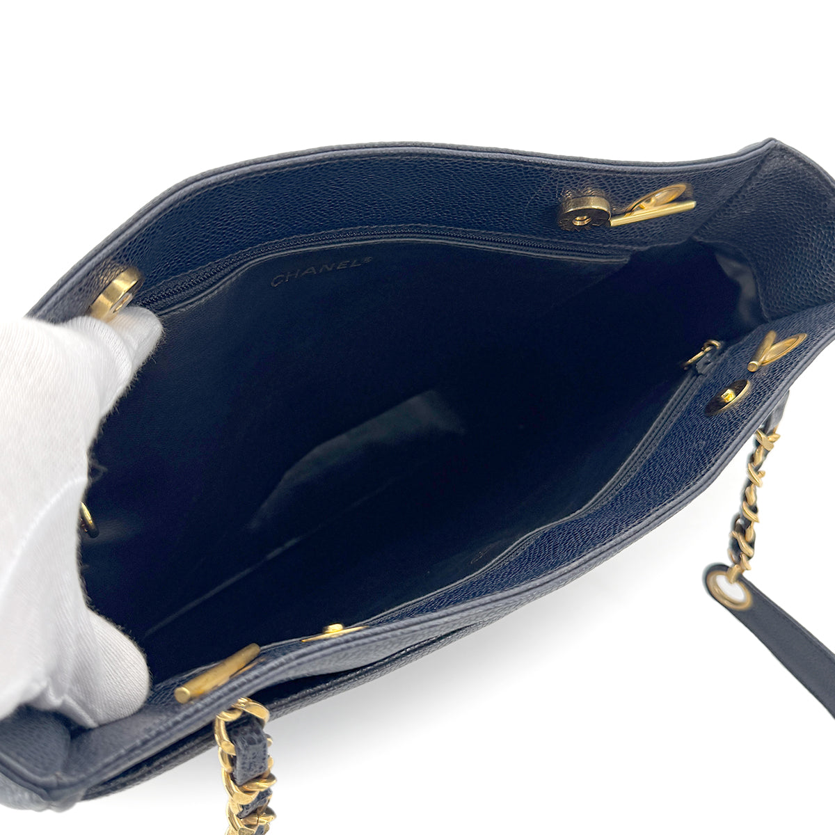 CHANEL VINTAGE TRIPLE COCO CHAIN TOTE BAG NAVY CAVIAR SKIN 90274045