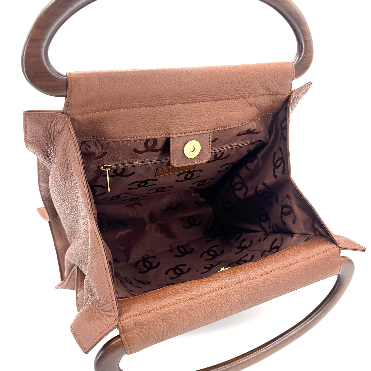 CHANEL VINTAGE WOOD HANDLE HAND BAG BROWN LEATHER 90274047