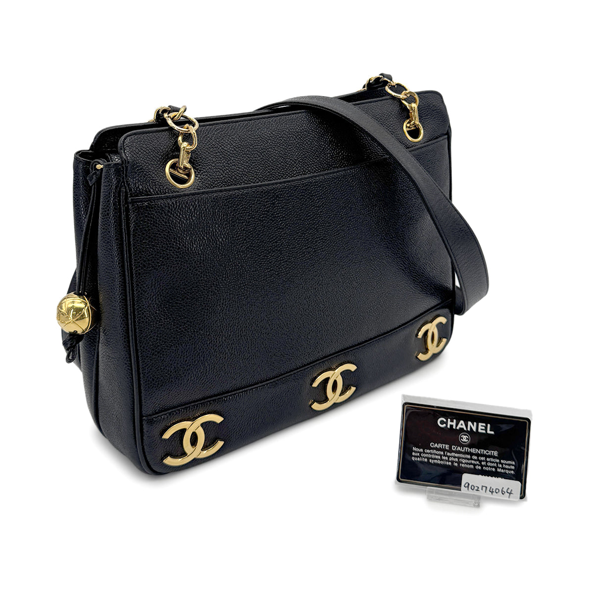 CHANEL VINTAGE TRIPLE COCO CHAIN TOTE BAG BLACK CAVIAR SKIN 90274064