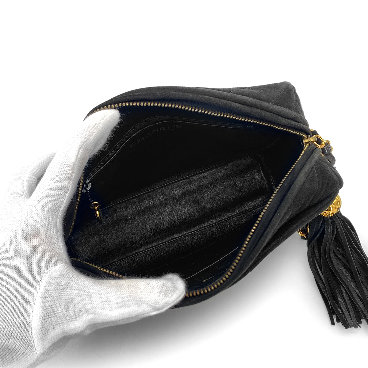 CHANEL VINTAGE FRINGE CHAIN SHOULDER BAG BLACK SUEDE 90274354