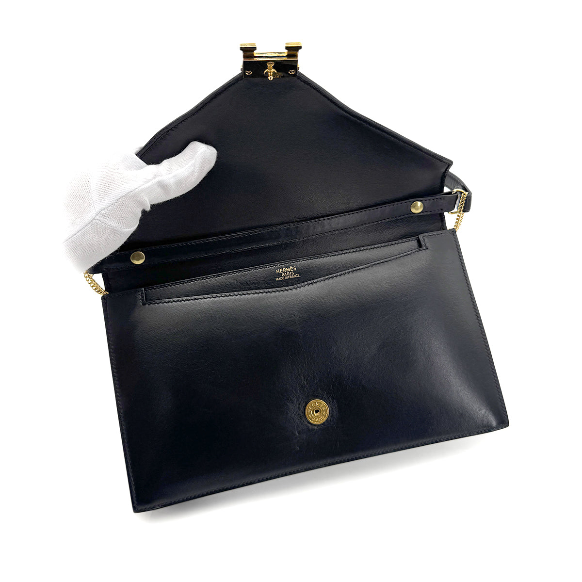 HERMES LYDIE BLACK CLUTCH SHOULDER BAG BOXCALF □A 90274404