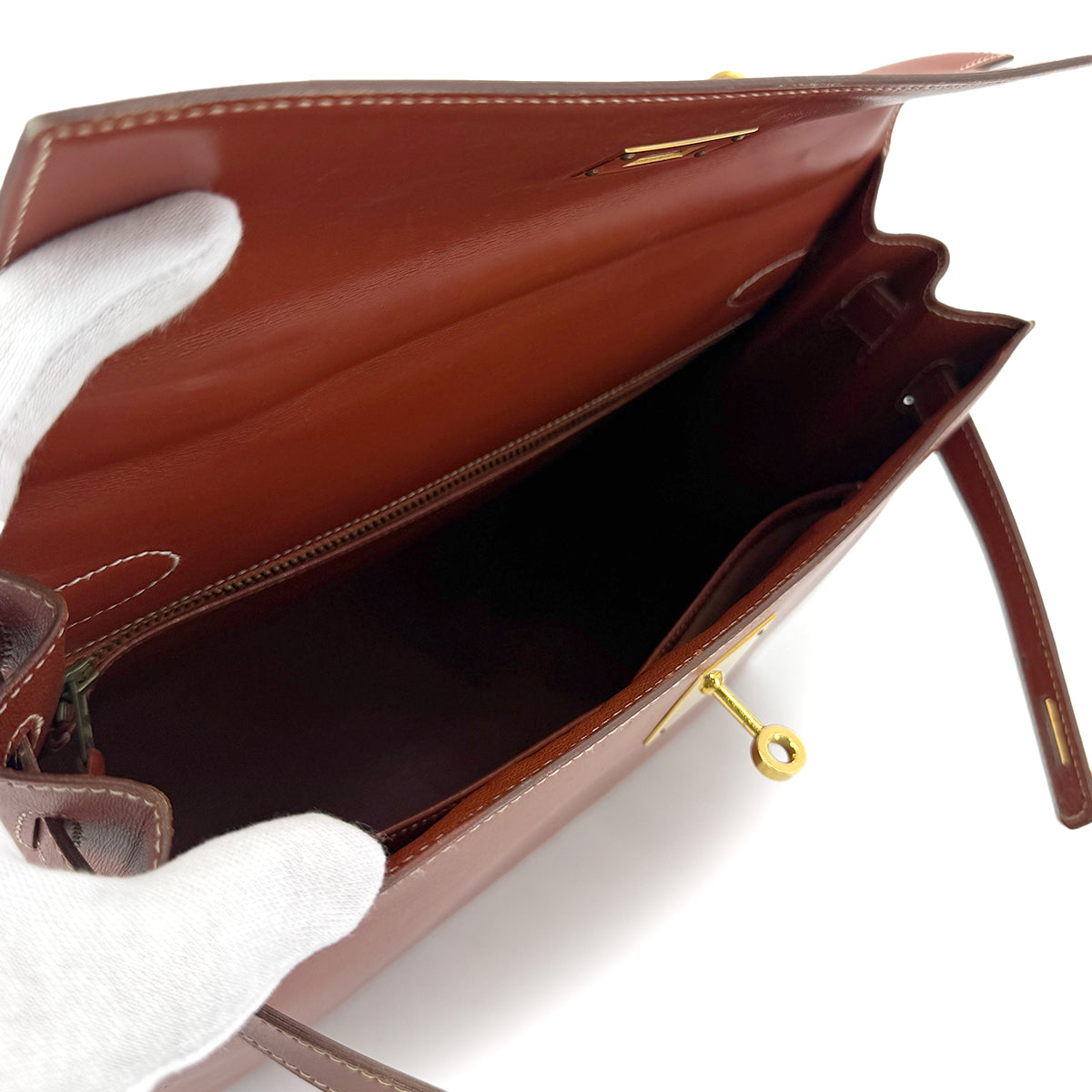 HERMES KELLY 32 SELLIER BRIQUE BOXCALF HAND SHOULDER BAG 〇X 90274409