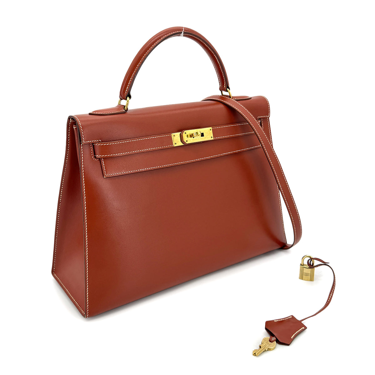 HERMES KELLY 32 SELLIER BRIQUE BOXCALF HAND SHOULDER BAG 〇X 90274409