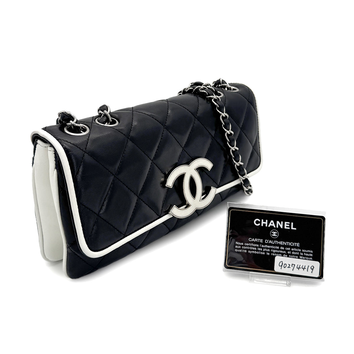 CHANEL VINTAGE BIG COCO CHAIN SHOULDER BAG BLACK WHITE LAMB SKIN 90274419