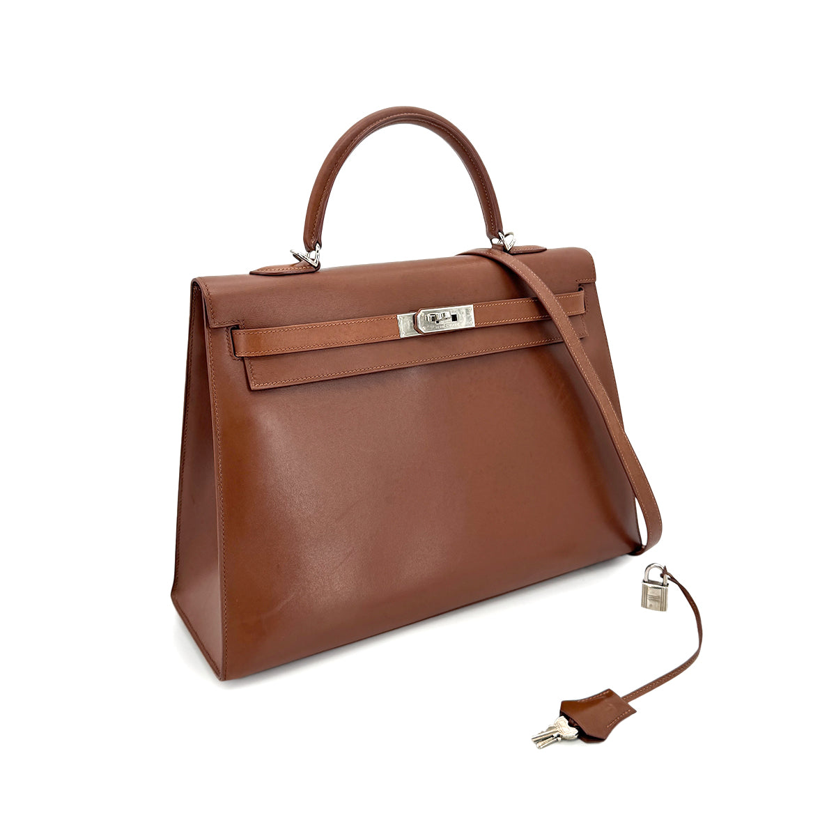 HERMES KELLY 35 SELLIER NOISETTE BOXCALF HAND SHOULDER BAG □E 90274421