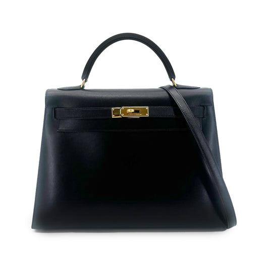 HERMES KELLY 32 SELLIER BLACK BOXCALF HAND SHOULDER BAG 〇A 90274465