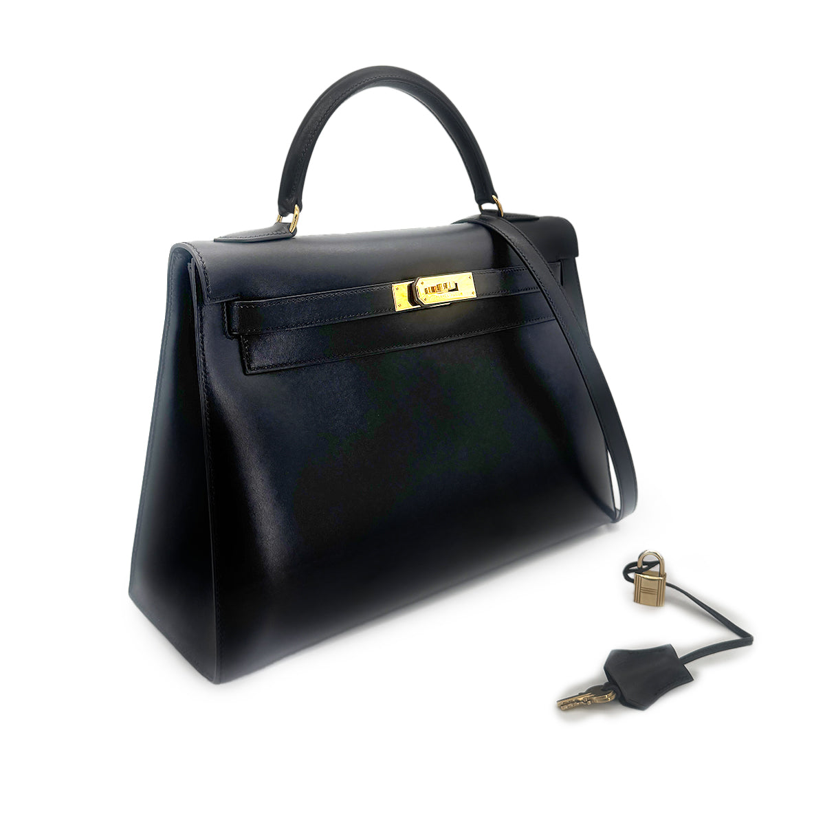 HERMES KELLY 32 SELLIER BLACK BOXCALF HAND SHOULDER BAG 〇A 90274465