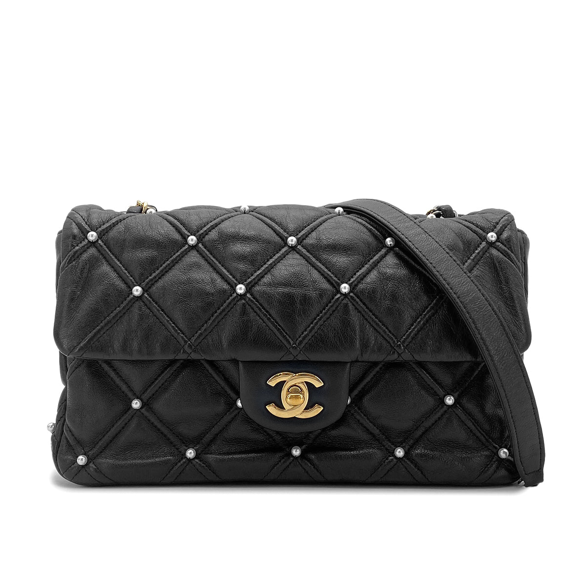 CHANEL MATELASSE CHAIN SHOULDER BAG FAUX PEARL BLACK LAMB SKIN 90274853